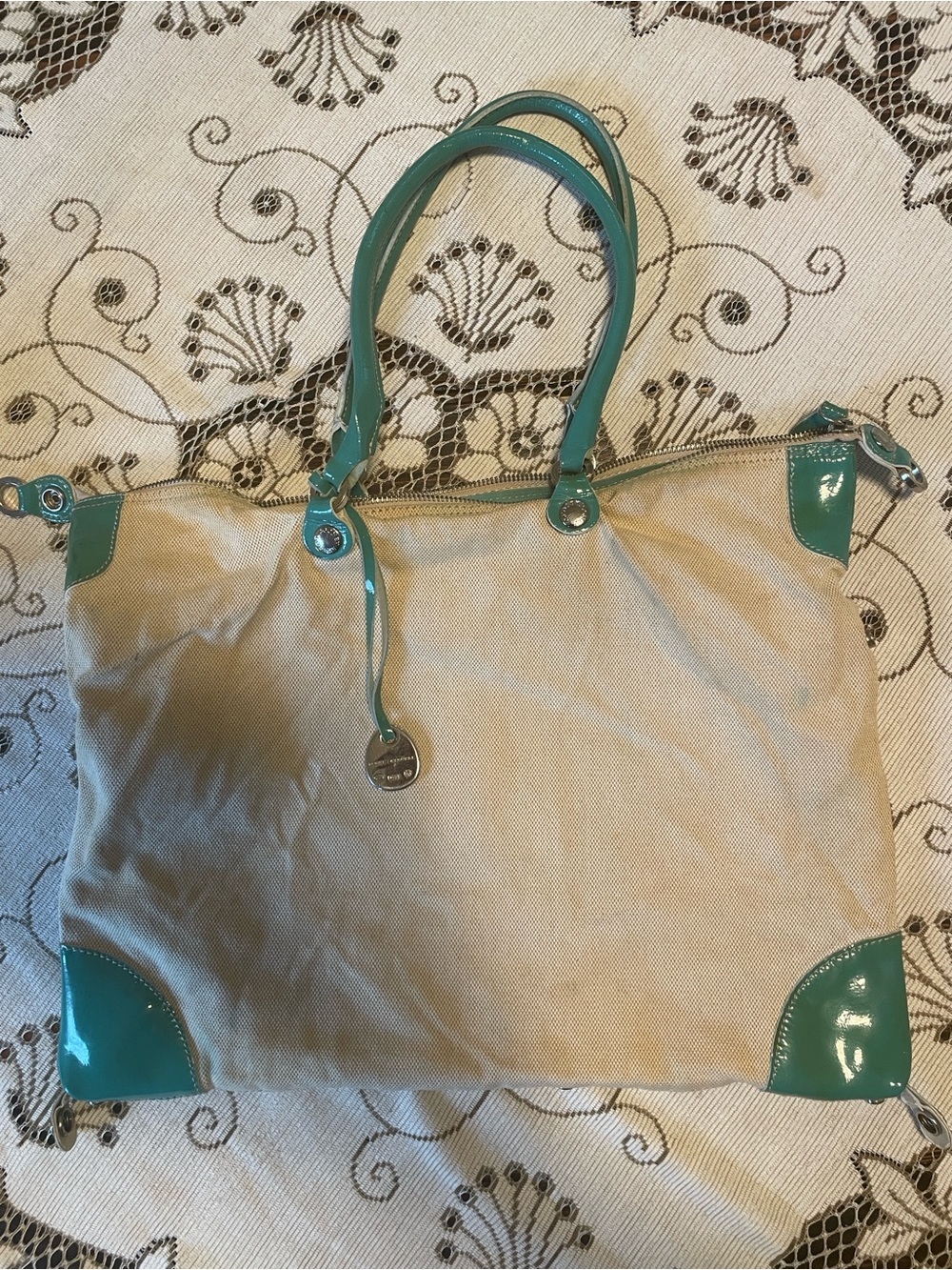 Dooney & Bourke Beige Canvas Tote with Teal Patent Trim